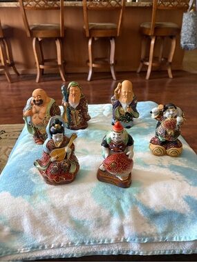 Japanese Kutani Porcelain Moriage Figurines set of 6 and about 6 inches tall